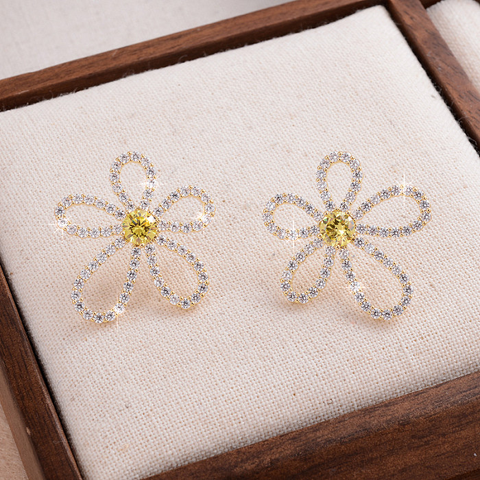 1 Pair Fairy Style Cute Sweet Flower Plating Inlay Copper Zircon 14K Gold Plated Ear Studs