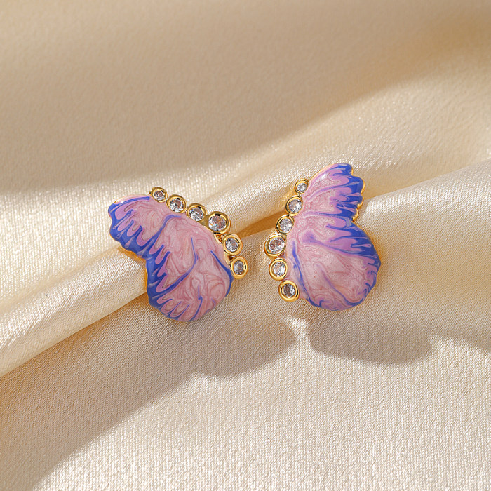 1 Pair Pastoral Commute Sector Butterfly Enamel Plating Inlay Copper Pearl Zircon 18K Gold Plated Ear Studs