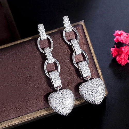 1 Pair Simple Style Round Heart Shape Copper Zircon Drop Earrings