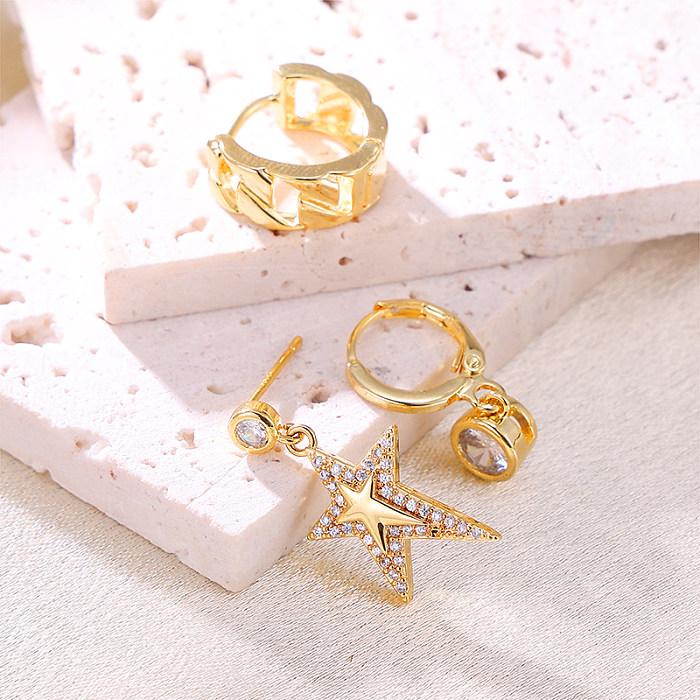 3 Pieces Set Elegant Streetwear Round Star Inlay Copper Zircon Ear Studs