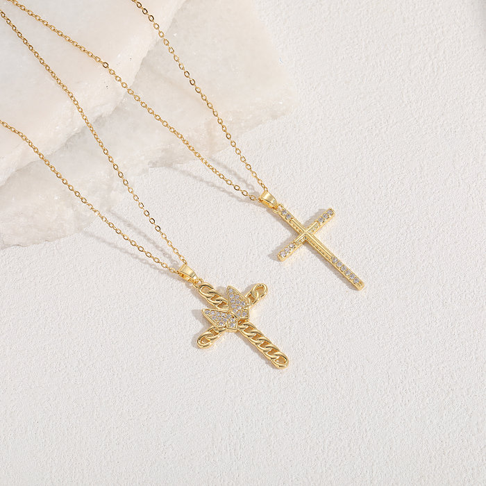 Casual Cross Copper Irregular Inlay Zircon 14K Gold Plated Necklace