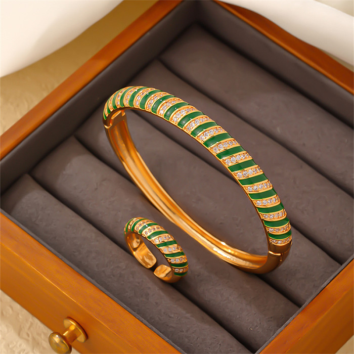 Elegant Lady Geometric Round Spiral Stripe Copper Enamel Plating Inlay Zircon Gold Plated Rings Bracelets