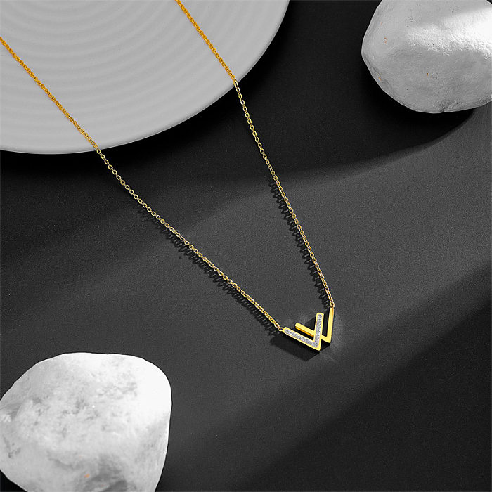 Simple Style V Shape Titanium Steel Inlay Zircon 18K Gold Plated Necklace