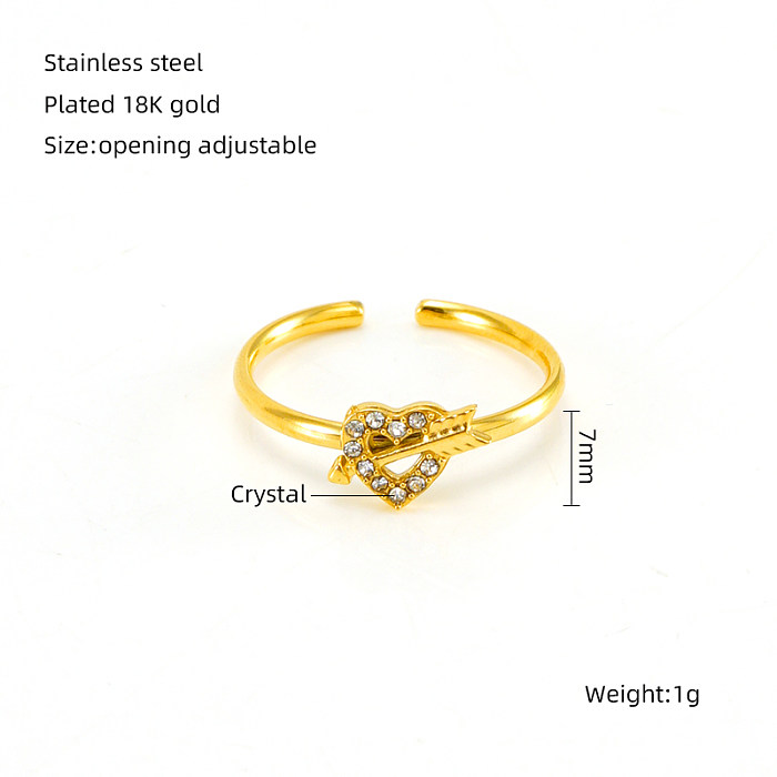 Schlichter Stil, herzförmig, Edelstahl-Beschichtung, Einlage, Strasssteine, 18 Karat vergoldet, offene Ringe