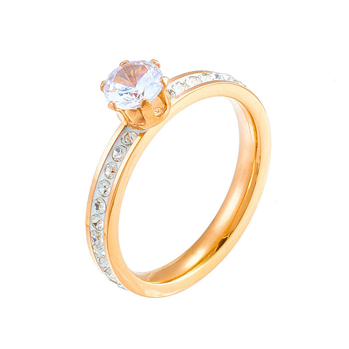 Simple Style Round Titanium Steel Inlay Zircon Rings