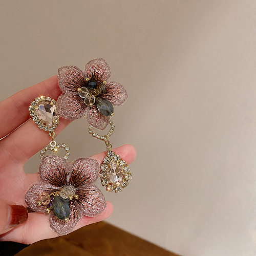 Boucles d'oreilles pendantes en tissu floral Glam, 1 paire, incrustation de cuivre, strass en cristal artificiel