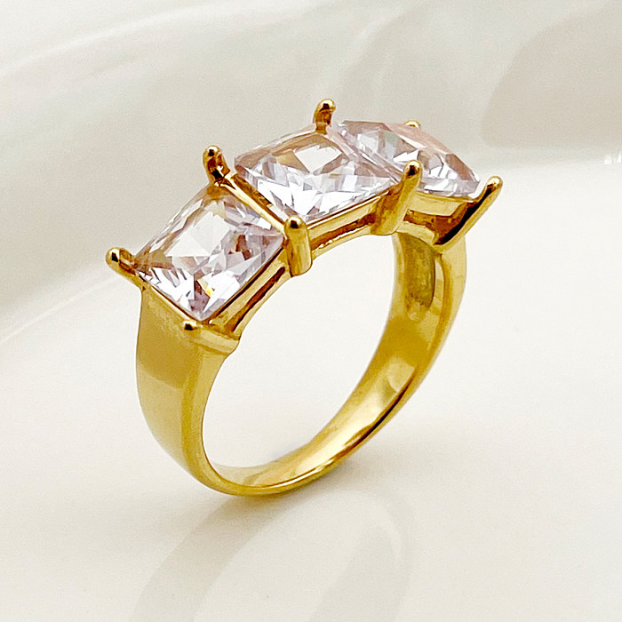 Anéis banhados a ouro de zircão embutido com chapeamento de aço inoxidável com coroa quadrada glam