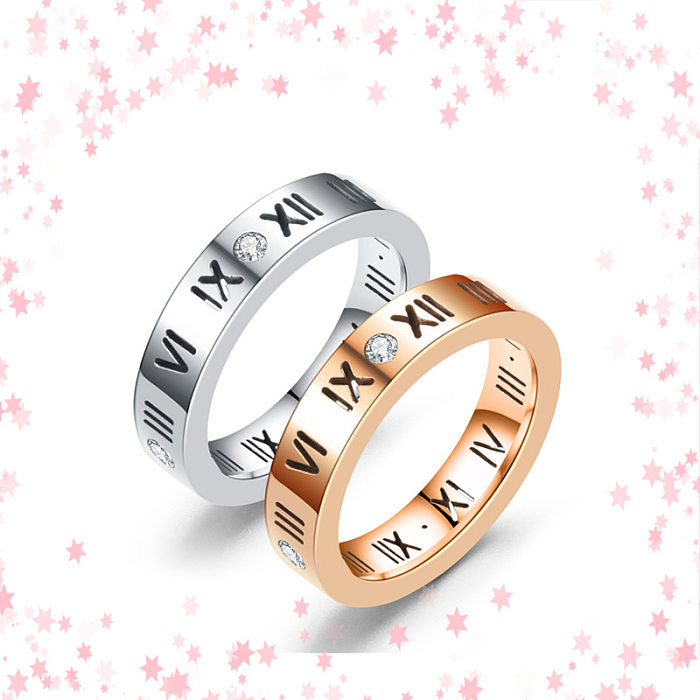 Casual Simple Style Number Titanium Steel Plating Hollow Out Inlay Zircon Rings