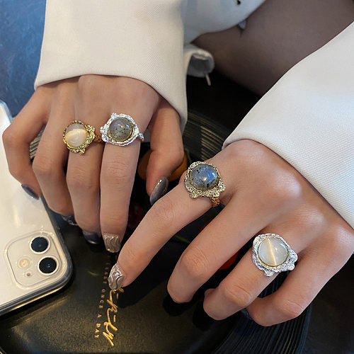 Anéis banhados a prata com pedras preciosas artificiais irregulares de cobre geométrico estilo vintage