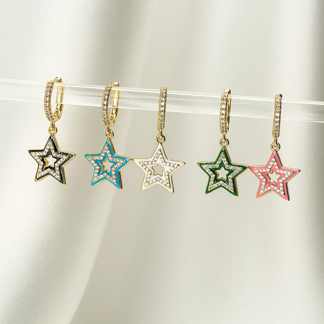 1 Pair IG Style Pentagram Enamel Inlay Copper Zircon Drop Earrings