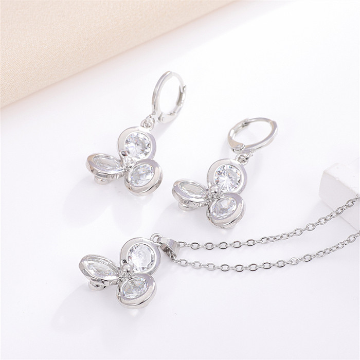 Sweet Korean Style Pentagram Geometric Flower Copper Inlay Zircon Earrings Necklace