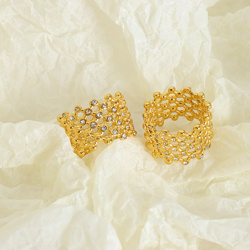 Strass de embutimento de aço titânio geométrico streetwear anéis banhados a ouro 18K