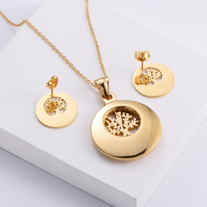 Gold Tree Of Life Hollow Pendant Necklace Earrings Set Wholesale jewelry
