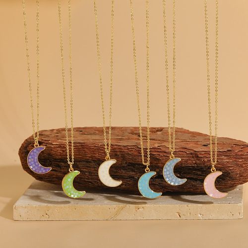 IG Style Simple Style Moon Copper Enamel Plating 14K Gold Plated Pendant Necklace