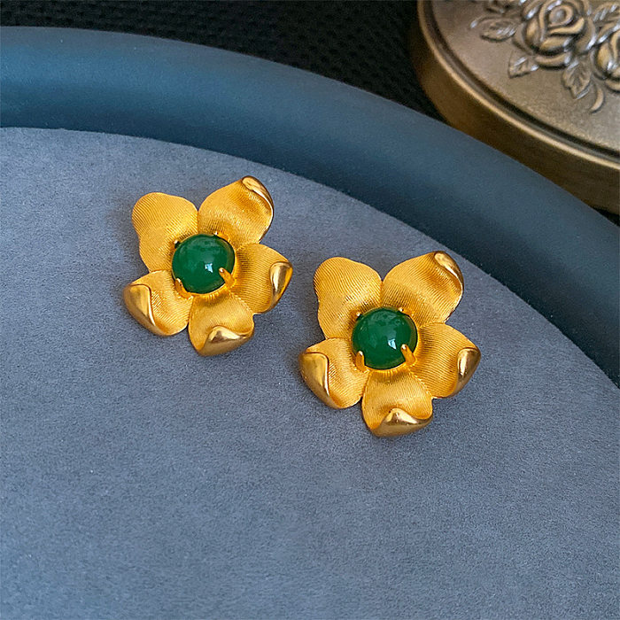 1 paire de clous d'oreilles rétro en placage de fleurs douces, incrustation de strass en cuivre plaqué or