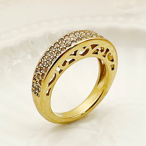 Estilo simples cor sólida chapeamento de aço inoxidável strass anéis banhados a ouro