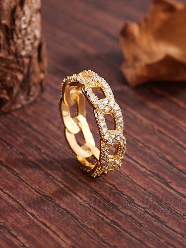 Correntes de estilo simples estampam chapeamento de cobre oco embutimento de zircão anéis banhados a ouro 18K
