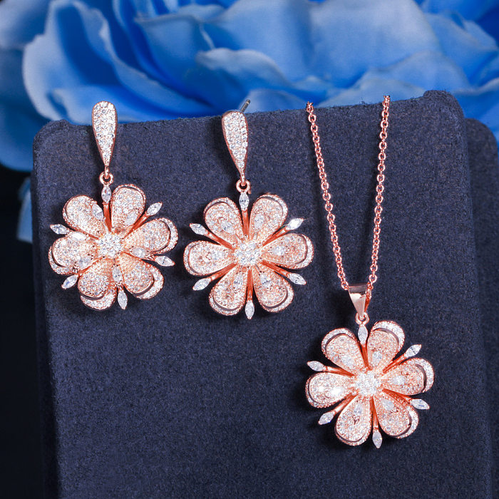 Élégant romantique fleur cuivre placage incrustation Zircon plaqué or Rose boucles d'oreilles collier
