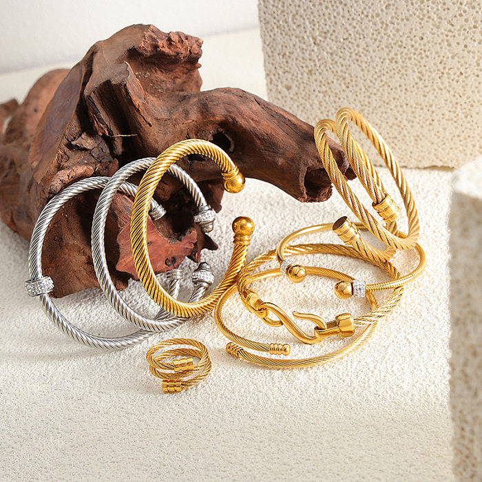 Estilo simples cor sólida titânio aço chapeamento incrustações strass banhado a ouro anéis pulseiras