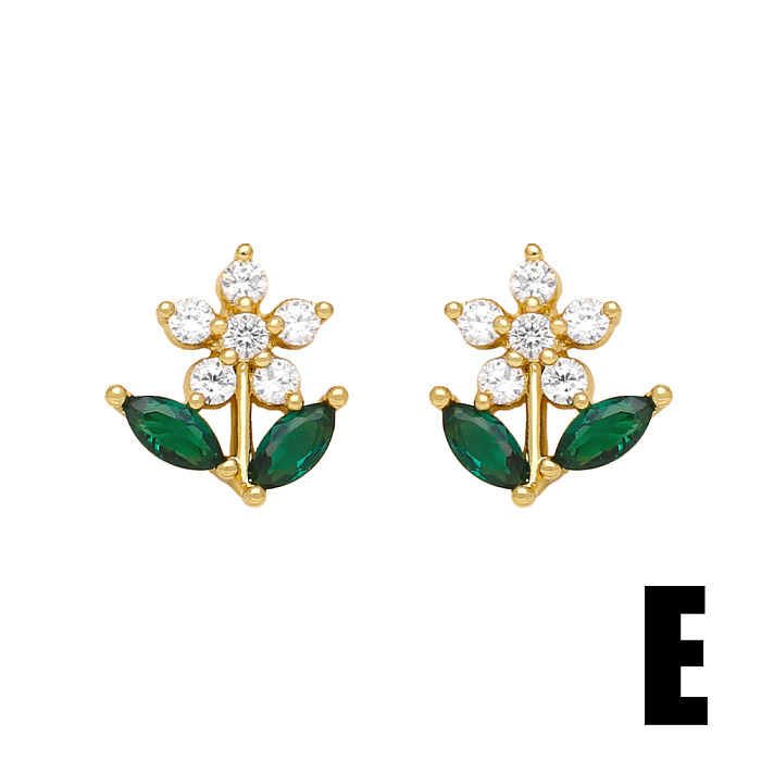 1 par de pinos de orelha banhados a ouro 18K, estilo simples, forma de coração, flor, chapeamento, zircão de cobre