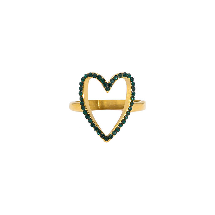 Strass embutidos em aço inoxidável em formato de coração, estilo simples, anéis banhados a ouro 18K