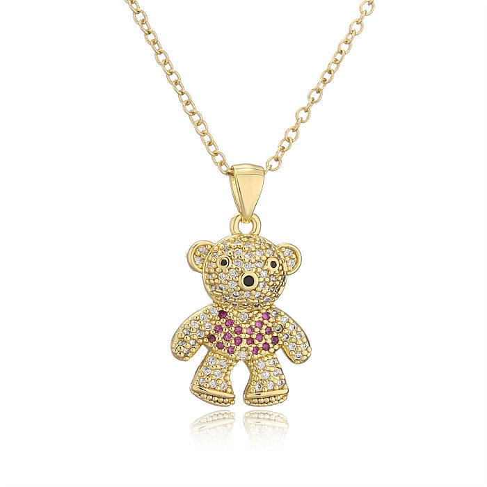 Fashion Copper Plated Real Gold Micro Inlaid Zircon Cute Bear Pendant Necklace