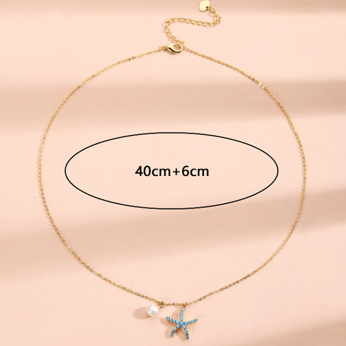 Style Simple étoile de mer incrustation de cuivre perles artificielles strass pendentif collier 1 pièce