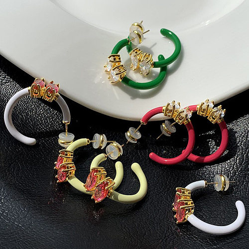 Fashion C Shape Copper Earrings Enamel Inlay Zircon Copper Earrings