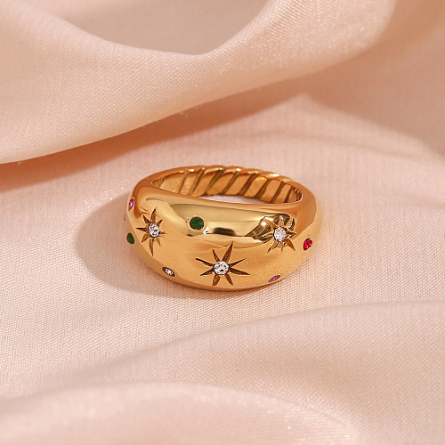 Europeu e americano ins moda personalizado pulseira ornamento aço inoxidável banhado a ouro 18k cúpula incrustada pedra cristais coloridos estrela anel
