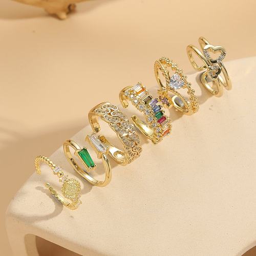 Elegant Luxurious Heart Shape Copper Plating Inlay Zircon 14K Gold Plated Rings