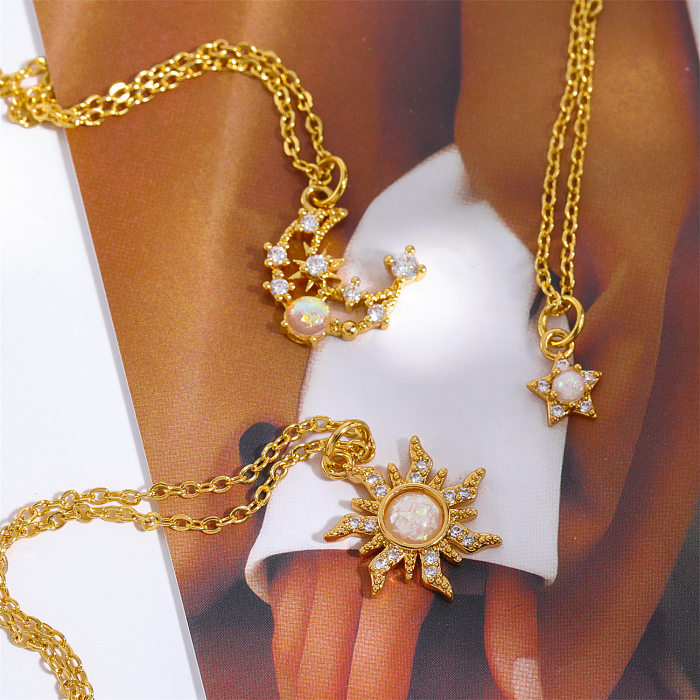 Elegant Sun Star Moon Copper Plating Inlay Opal Zircon 14K Gold Plated Pendant Necklace