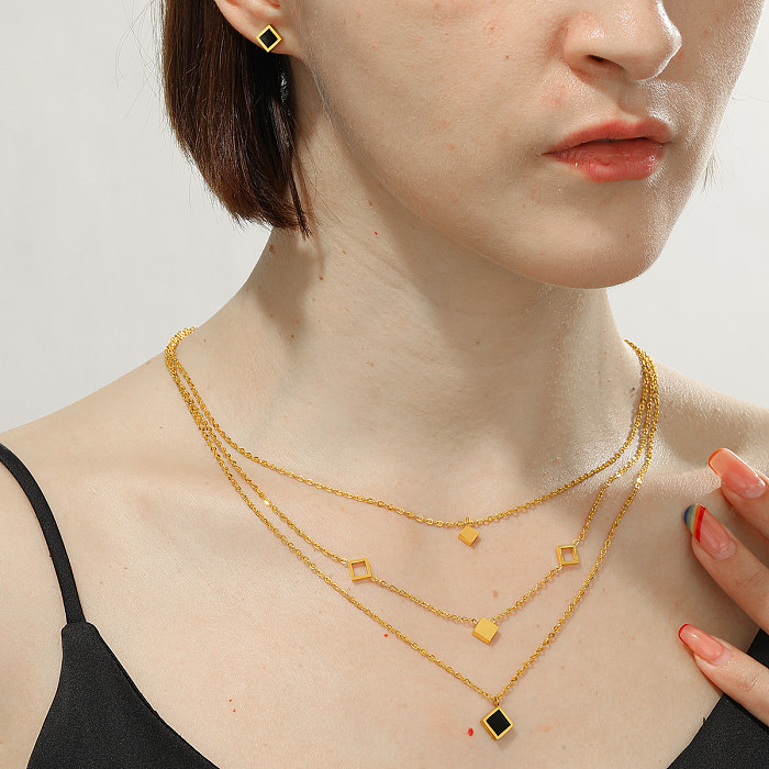 1 Set Mode runder quadratischer Baum Edelstahl-Beschichtung Inlay künstlicher Diamant 18 Karat vergoldet Damen-Ohrring-Halskette