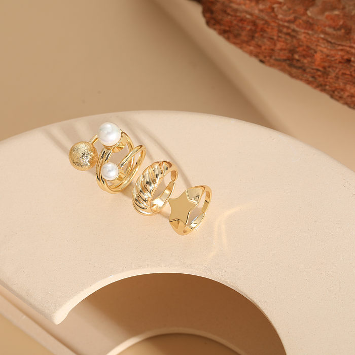 Elegant Luxurious Classic Style Geometric Star Copper Plating Inlay Artificial Pearls 14K Gold Plated Open Ring