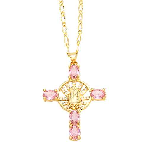 Retro Novelty Cross Virgin Mary Copper Plating Inlay Zircon 18K Gold Plated Pendant Necklace
