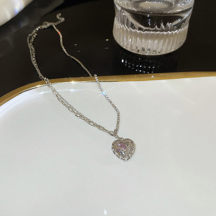 Simple Style Heart Shape Flower Bow Knot Titanium Steel Copper Plating Inlay Artificial Gemstones Pendant Necklace