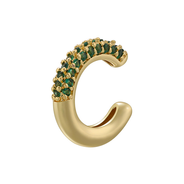 1 par elegante luxuoso brilhante em forma de C chapeamento incrustado de cobre zircão 18K punhos de orelha banhados a ouro