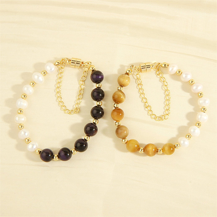 Bracelets plaqués or 18 carats, pierres précieuses artificielles rondes irrégulières de Style Simple, perles d'eau douce, cuivre plaqué à la main