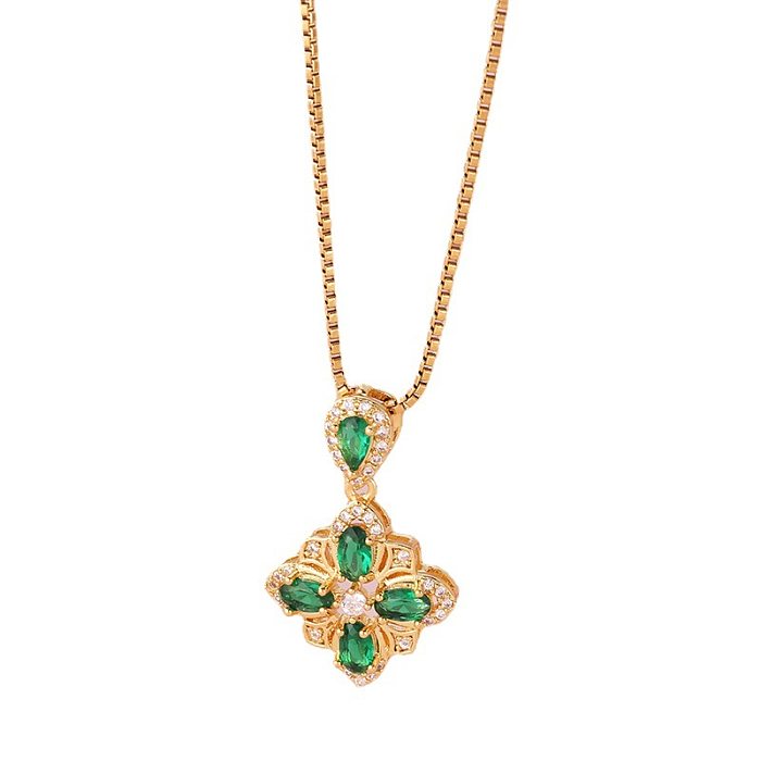 Elegant Sweet Four Leaf Clover Square Heart Shape Copper Inlay Zircon Pendant Necklace