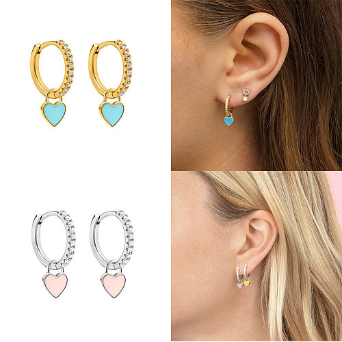 Fashion Heart Shape Copper Enamel Inlay Zircon Drop Earrings 1 Pair