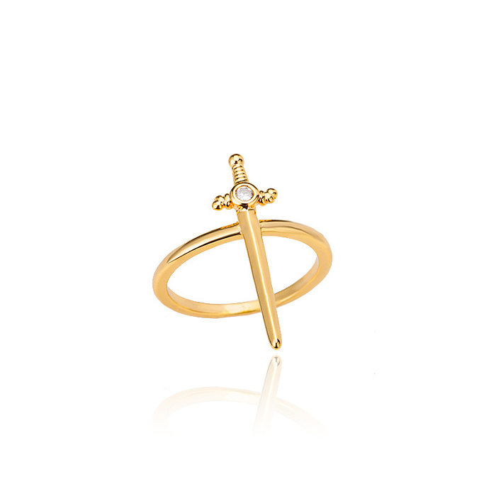 Atacado estilo simples cruz chapeamento de aço inoxidável embutimento anéis de zircão banhados a ouro 18K