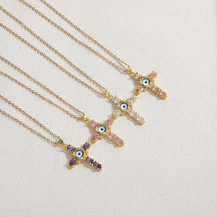 Glam Modern Style Cross Devil'S Eye Copper 14K Gold Plated Zircon Pendant Necklace In Bulk