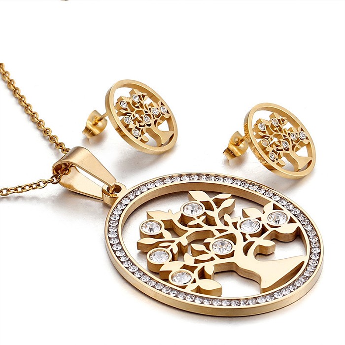 Nouveau collier boucles d'oreilles ensemble bague ronde cercle complet diamant incrusté Zircon arbre ensemble de bijoux en acier inoxydable