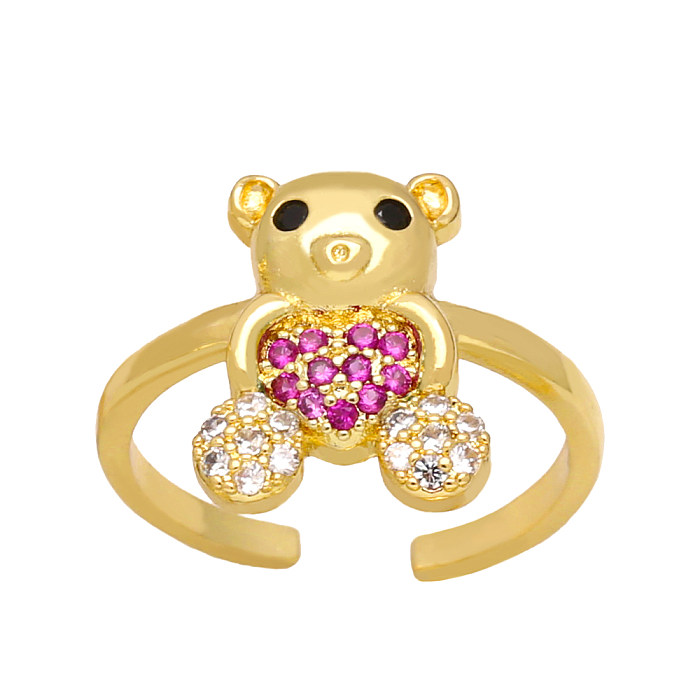 Cute Fashion Sweet Bear Copper Plating Inlay Zircon 18K Gold Plated Open Rings