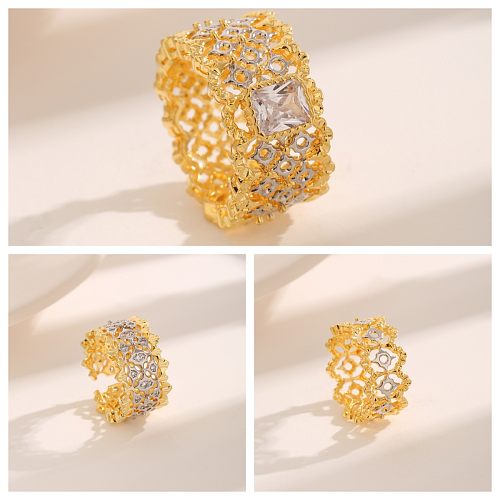 Luxuriöse Ringe im modernen französischen Stil mit Lotus-Verkupferung, ausgehöhltem Zirkon-Inlay und 18-Karat-Vergoldung