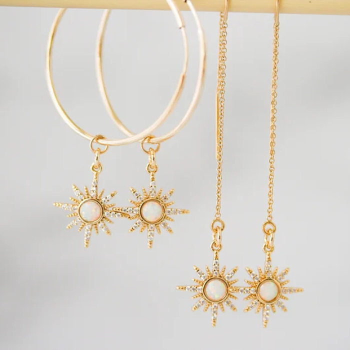 1 paire de boucles d'oreilles pendantes en cuivre et Zircon plaqué or 18 carats, Style Simple et doux, incrustation d'étoile