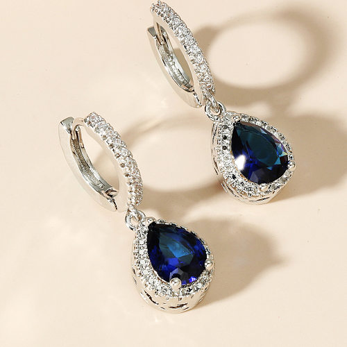 1 Pair Elegant Shiny Water Droplets Inlay Copper Zircon Drop Earrings