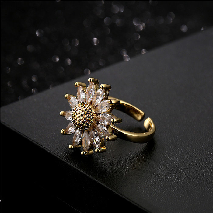 Aogu, nueva moda europea y americana, anillo abierto de girasol, chapado en cobre para mujer, anillo chapado en oro de 18K