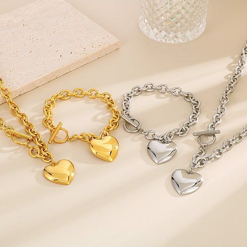 Simple Style Heart Shape Stainless Steel Chain 18K Gold Plated Bracelets Necklace