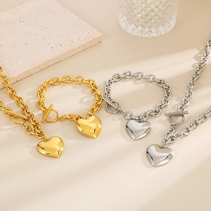 Simple Style Heart Shape Stainless Steel Chain 18K Gold Plated Bracelets Necklace