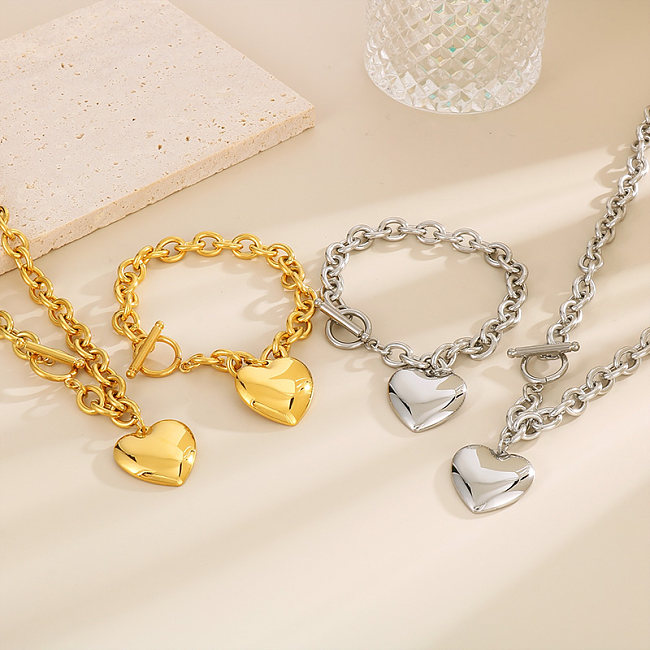 Schlichter Stil, Herzform, Edelstahlkette, 18 Karat vergoldete Armbänder, Halskette